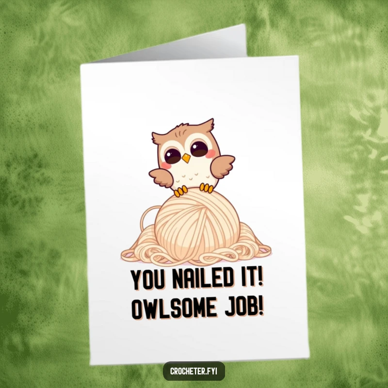 Funny Free Printable Congratulations Card: giggling owl playfully drops a large yarn ball, celebratory downloadable art