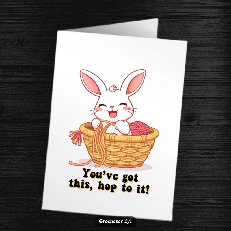 Funny free printable congratulations card: a happy rabbit pulling a long yarn string from a basket, celebrating a success.