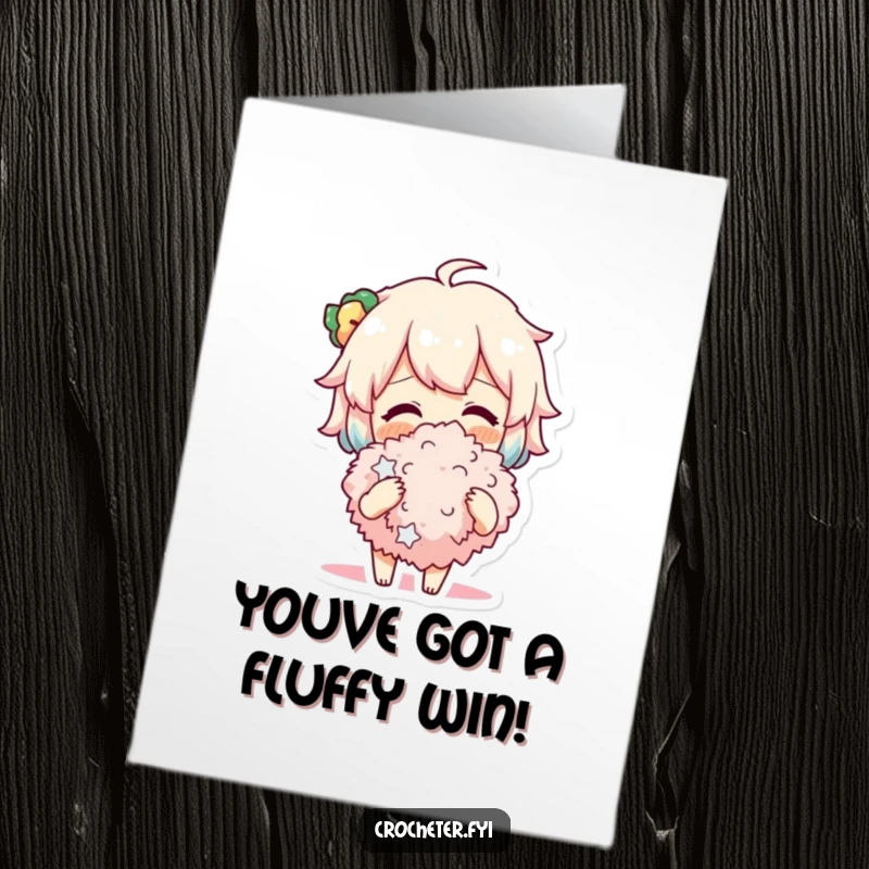 Funny free printable congratulations card of a cheerful character beaming as they admire a soft, fluffy pompom.