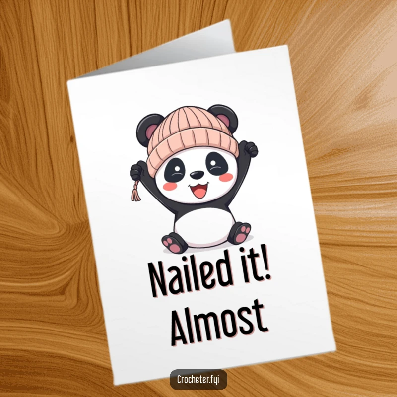 Funny Free Printable Congratulations Card showing a proud panda cheering with a charmingly lopsided knitted hat, ideal for printable congratulatory gifts.