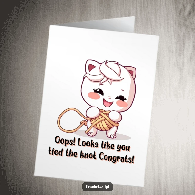 Funny Free Printable Congrats Card: Mischievous character creating a big yarn tangle, celebrating a chaotic success.