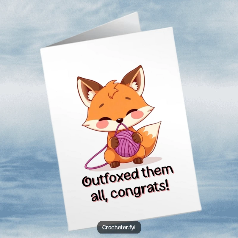 Funny free printable congratulations card: a mischievous fox balancing a yarn ball on its nose, signifying skillful success.