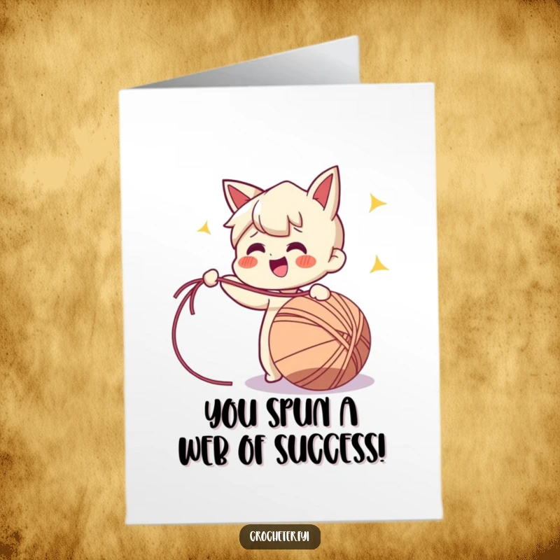 Funny Free Printable Congrats Card: Cheerful character enthusiastically pulling a long strand of yarn, symbolizing success.