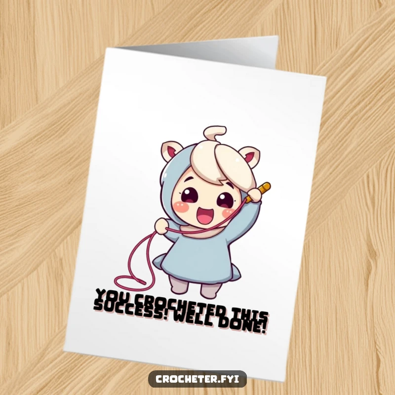 Funny Free Printable Congrats Card: Cheerful character pulling a long thread from a crochet hook, symbolizing accomplishment and humor.