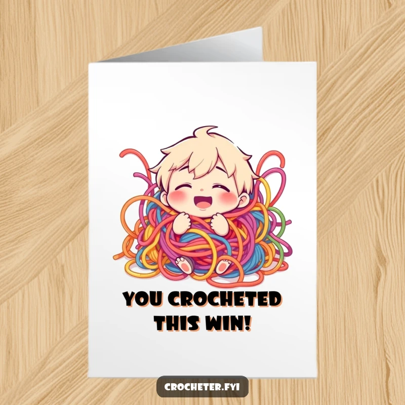 Funny Free Printable Congrats Card: A joyful character happily tangled in a messy explosion of colorful yarn.