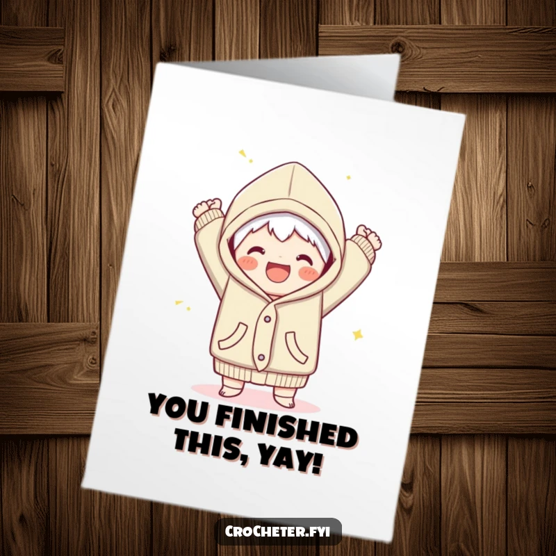 Funny Free Printable Congratulations Card showing a joyful character triumphantly completing a cozy garment.