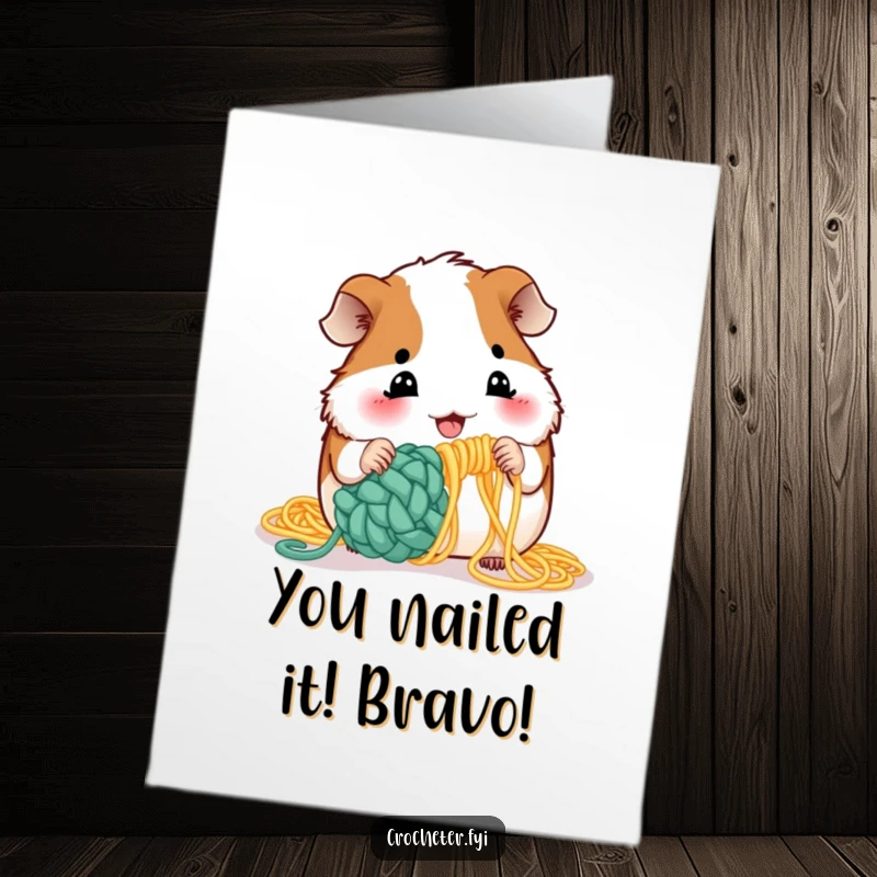 Free Printable Congrats Card: Playful guinea pig attempting crochet using uncooked spaghetti, a comical symbol of creative effort.