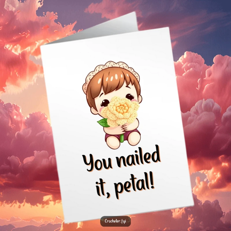 Sweet Free Printable Congrats Card: Peaceful character beaming while holding a meticulously crafted, vibrant crocheted flower.