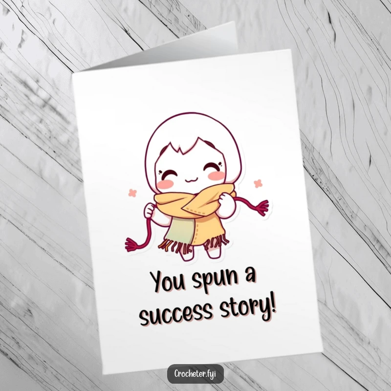 Funny Free Printable Congratulations Card featuring a character knitting a vibrant scarf, celebrating success.