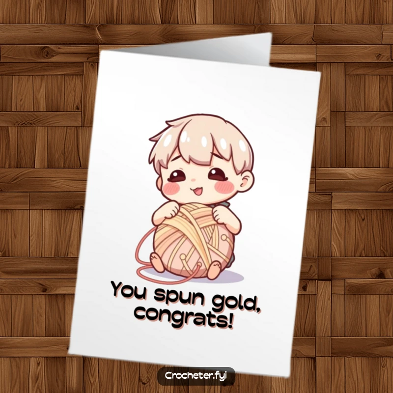 Funny Free Printable Congratulations Card of a satisfied character happily winding yarn into a perfect ball.