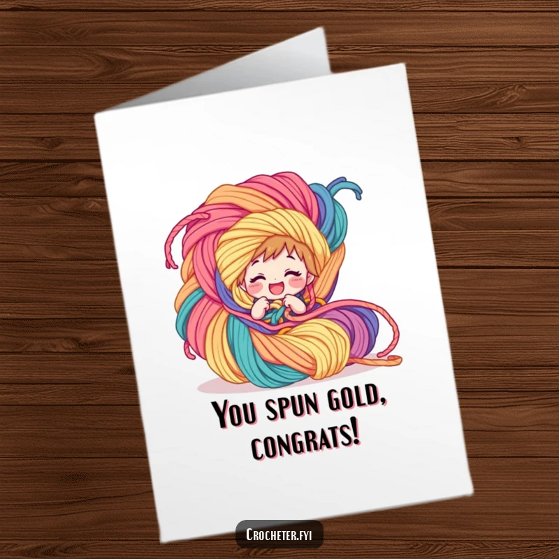 Funny Free Printable Congratulations Card: A giggling character hilariously stuck in a giant ball of colorful yarn, perfect for celebrating wins.