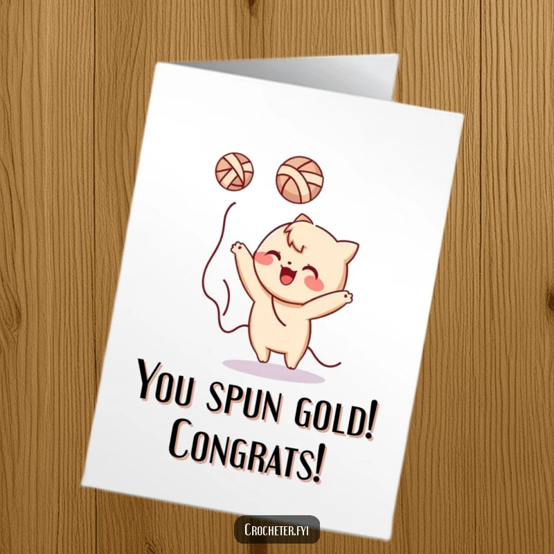 Funny Free Printable Congratulations Card showing a playful character gleefully tossing yarn, ideal for a humorous celebration.