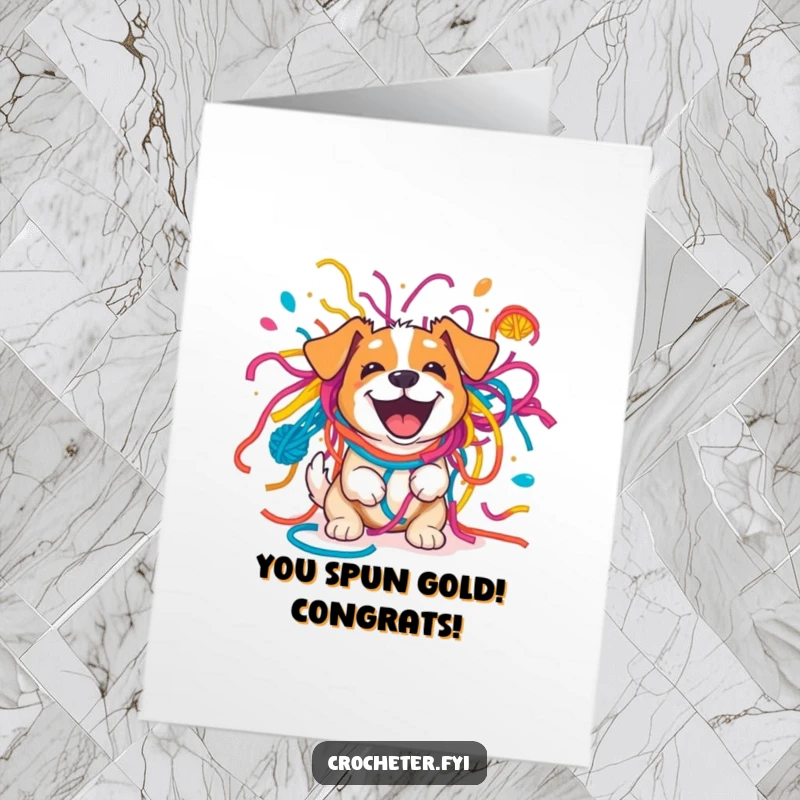 Funny Free Printable Congrats Card: Excited dog playfully tangled in a colorful yarn explosion, great for DIY celebration