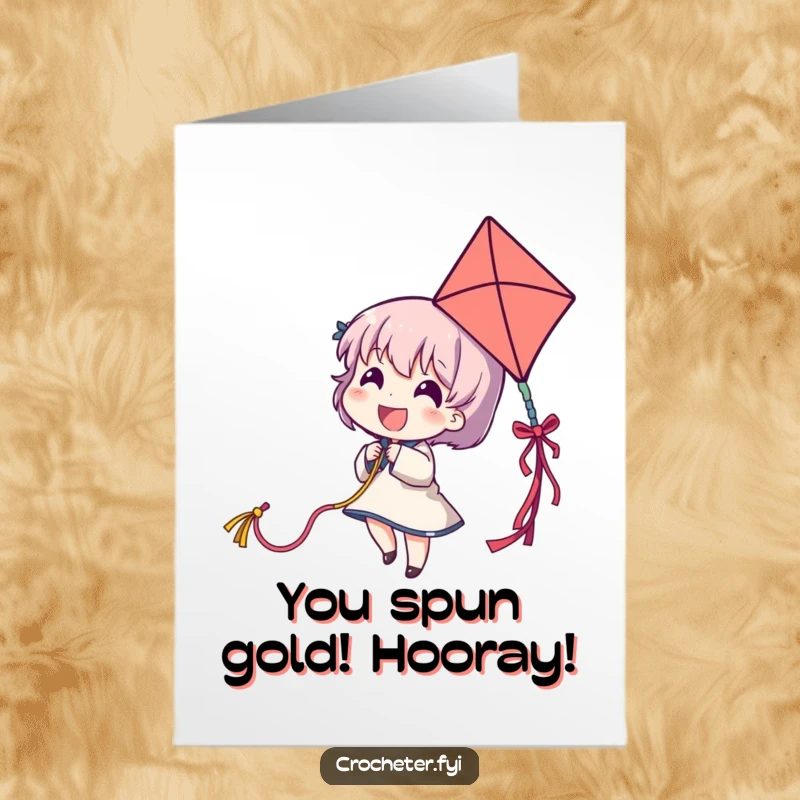 Free Printable Congrats Card: Delighted character pulling colorful yarn like a kite, celebrating success with joy.