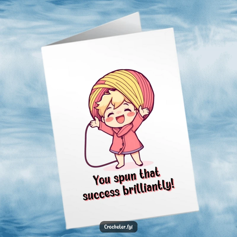 Free Printable Congratulations Card featuring a happy character enthusiastically casting a large, colorful yarn ball, celebrating a successful endeavor.