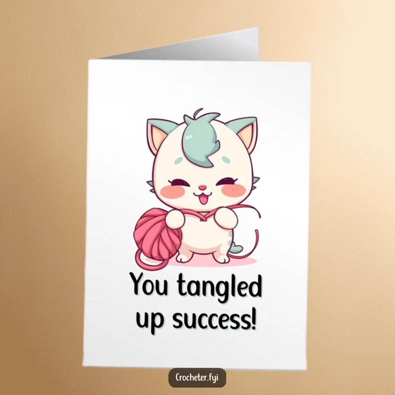 Funny Free Printable Congratulations Card: A playful character with a mischievous grin tying yarn into a knot.
