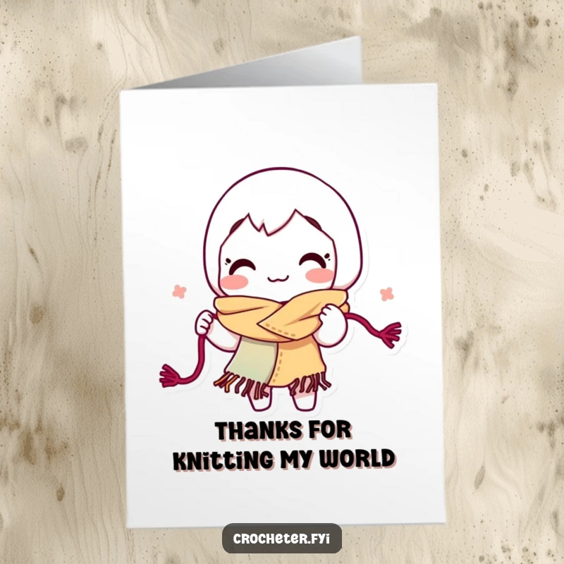 Funny Free Printable Thank You Card of a character crafting a colorful scarf with yarn, expressing thanks.