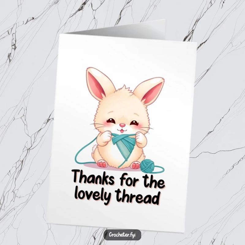 Funny Free Printable Thank You Card: A fluffy bunny enthusiastically knitting one long thread, perfect for expressing gratitude.