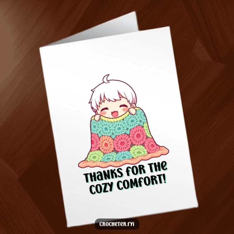 Funny Free Printable Thank You Card: Content character proudly admires a crocheted blanket, offering a warm and downloadable thank you.