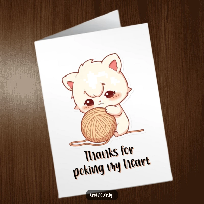 Funny Free Printable Thank You Card of a curious character intensely poking at a ball of yarn.