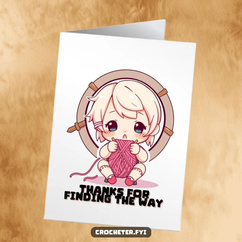 Funny Free Printable Thank You Card: A character with utmost concentration threads yarn through a needle, a symbol of careful effort.