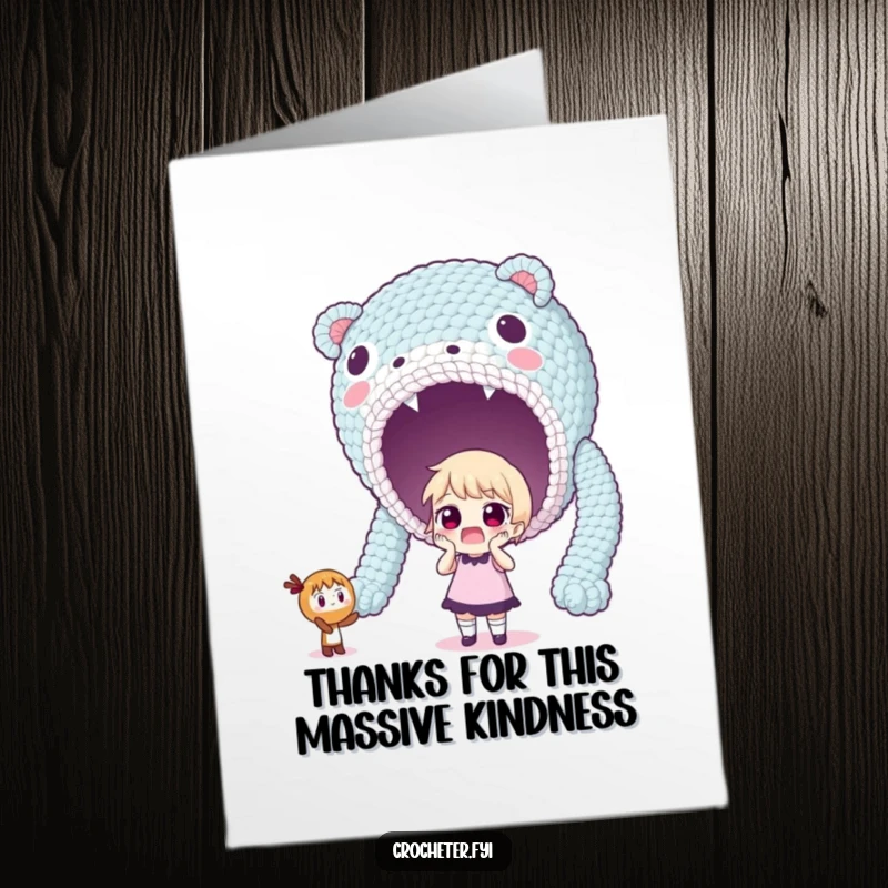 Humorous Free Printable Thank You Card: A character with a shocked expression encountering a ridiculously oversized crocheted item.