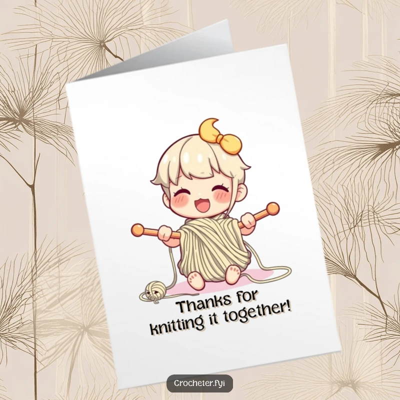Funny Free Printable Thank You Card: Happy character enthusiastically knitting, looping colorful yarn with large needles.