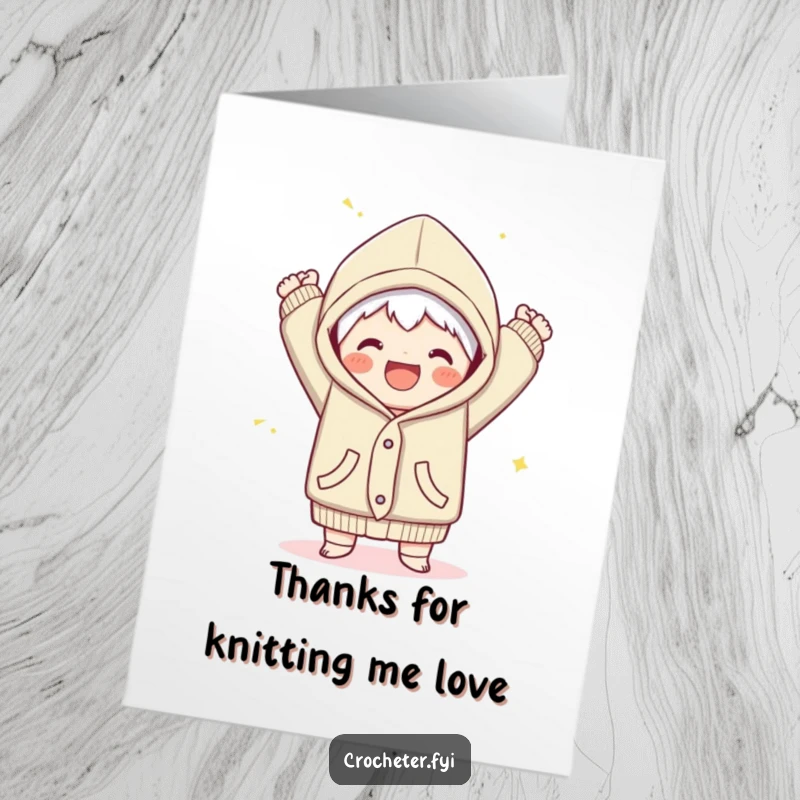 Funny Free Printable Thank You Card of a joyful character finishing a cozy garment with a proud flourish.