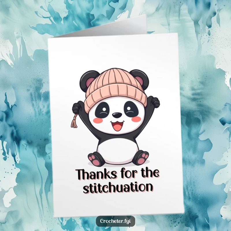 Funny Free Printable Thank You Card with a happy panda holding up a slightly askew knitted hat, great for adding personality to thanks.