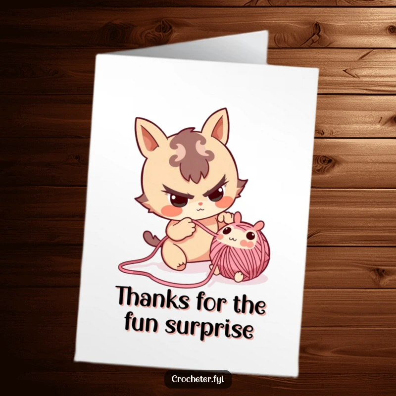 Mischievous Free Printable Thank You Card: A cheeky character playfully extracting a small, handmade yarn creature from a project.