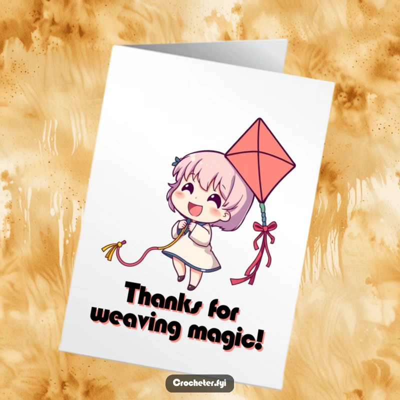 Funny Free Printable Thank You Card: Delighted character flying yarn like a kite, a cheerful thank you.