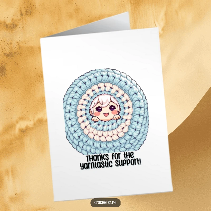 Funny Free Printable Thank You Card: Cheerful character behind huge crochet project, expressing thanks with a laugh.
