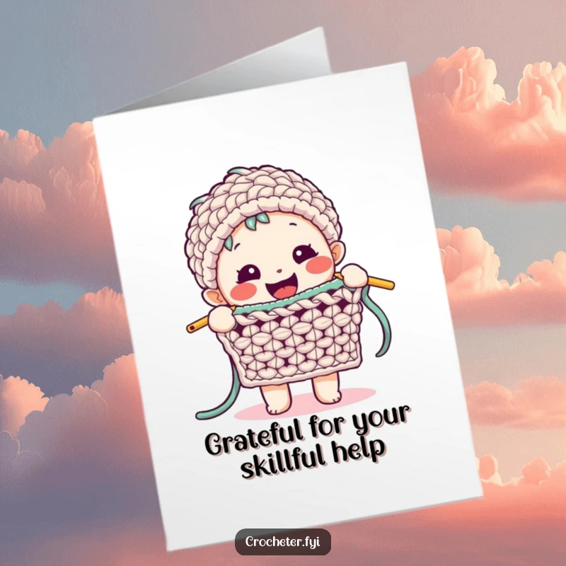 Funny Free Printable Thank You Card: Happy character demonstrating a complex crochet stitch with enthusiasm, thanking their skills.