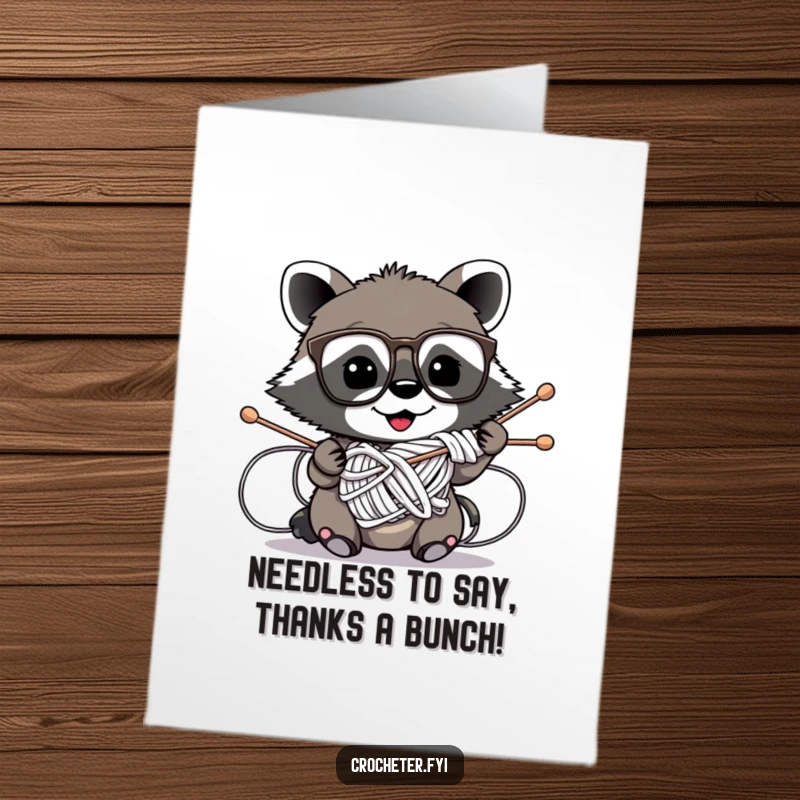 Funny Free Printable Thank You Card: Raccoon wearing glasses hilariously ensnared by knitting needles. Witty downloadable DIY gift.