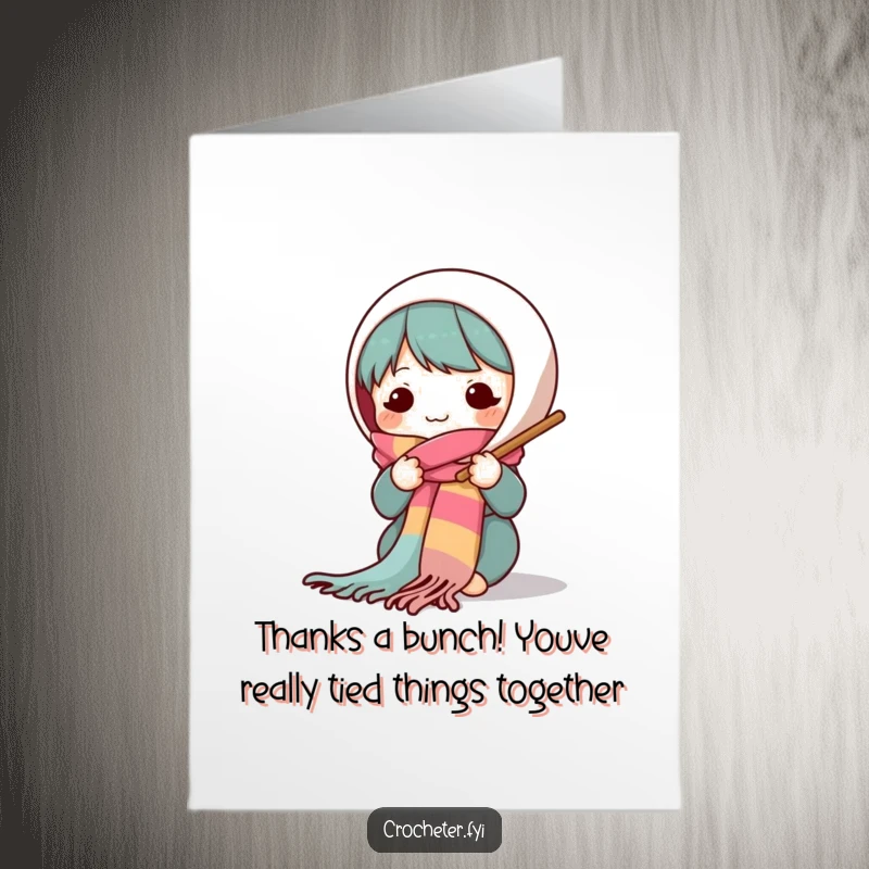 Funny Free Printable Thank You Card: Cute knitter offering a long, colorful scarf as a token of thanks.