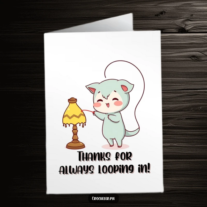 Funny Free Printable Thank You Card: Mischievous character uses thread to playfully loop around a lamp, a unique thanks.