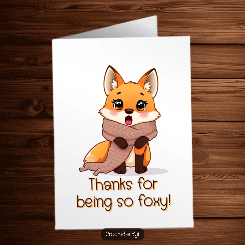 Funny free printable thank you card with a surprised fox caught in a huge crocheted scarf it accidentally made, a humorous thank you.