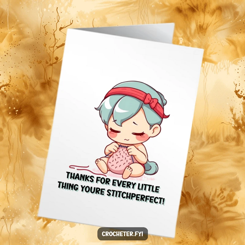 Funny Free Printable Thank You Card: Determined character intently counting knitting stitches, expressing meticulous thanks.