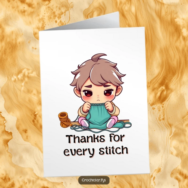 Funny free printable thank you card featuring a character with intense focus, counting stitches to show sincere appreciation and gratitude.