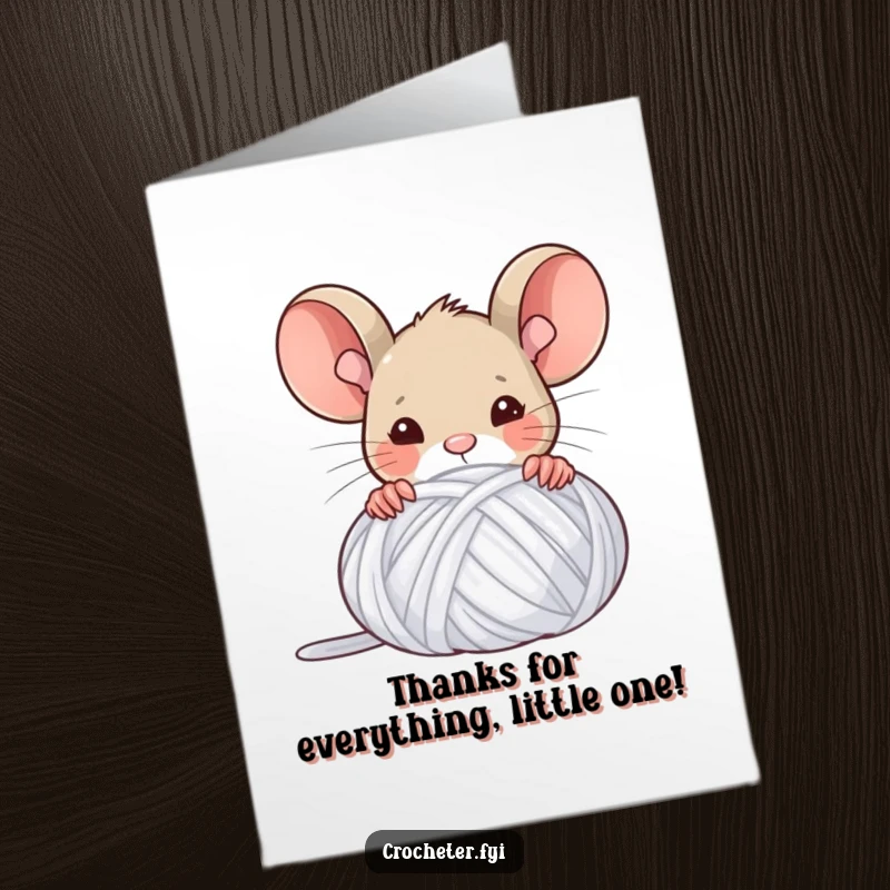 Funny Free Printable Mouse Thank You Card: A victorious mouse peeking from behind a giant ball of yarn, offering thanks.