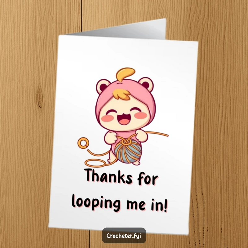 Funny Free Printable Thank You Card: A cheerful character enthusiastically using a hook to pull yarn through a loop.