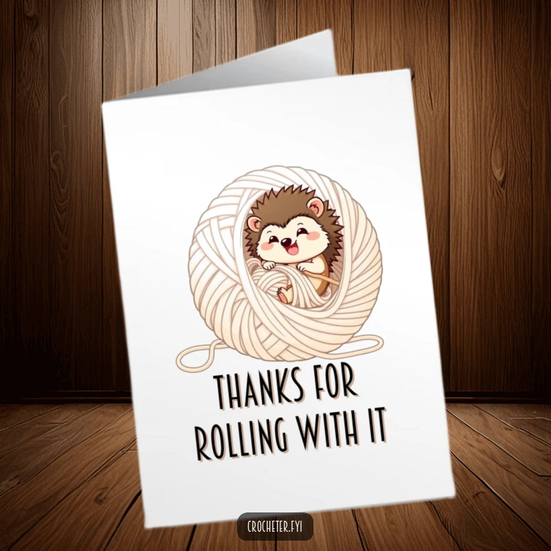 Funny Free Printable Thank You Card of a happy hedgehog enjoying a cozy roll inside a giant ball of yarn, ideal for printable gifts.