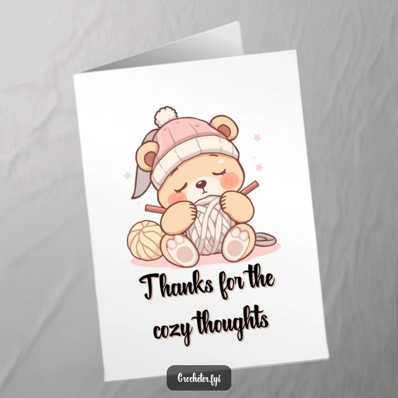 Funny Free Printable Thank You Card: A sleepy bear struggling to crochet a hat, drifting off to sleep, a cute way to give thanks.