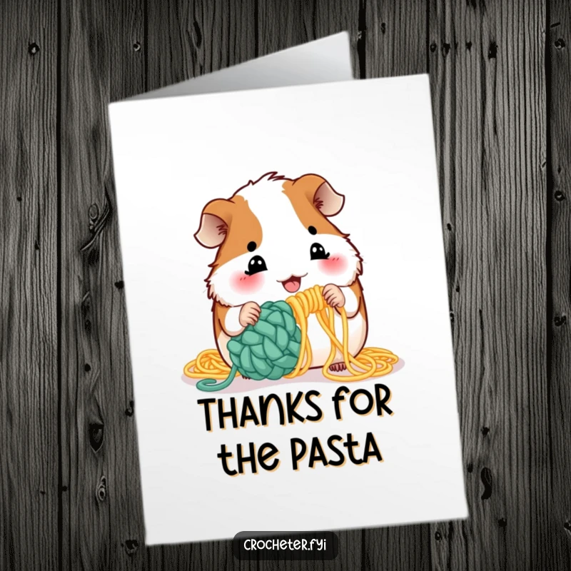 Funny Free Printable Thank You Card: A guinea pig playfully trying to crochet with uncooked spaghetti, a quirky way to say thanks.