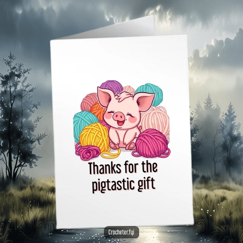 Funny Free Printable Thank You Card: A cute piglet giggling happily, surrounded by soft yarn, expressing thanks.