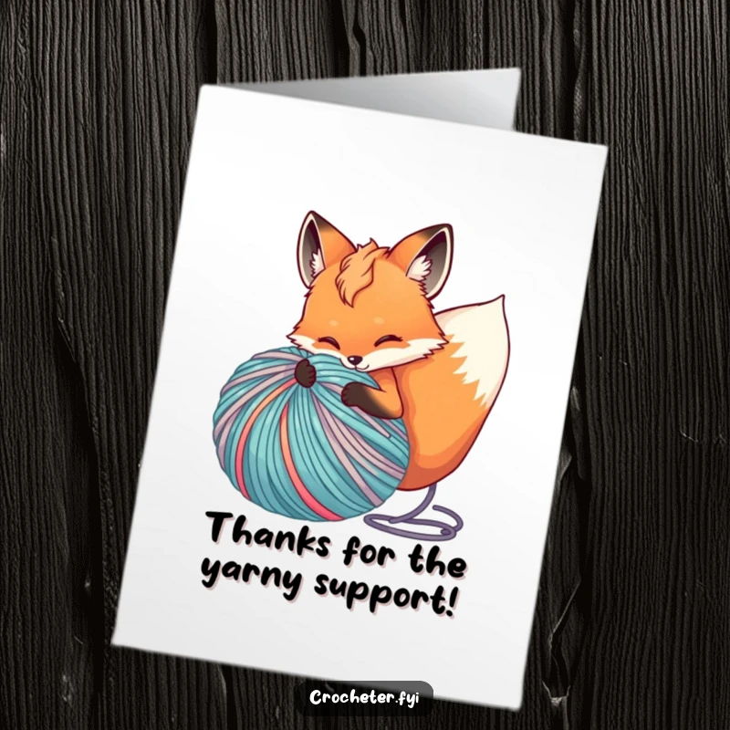 Funny Free Printable Fox Thank You Card: A playful fox happily unfurling a large, vibrant ball of yarn, expressing thanks.