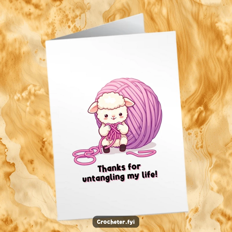 Funny Free Printable Thank You Card: A small sheep is hilariously overwhelmed by a giant, tangled ball of yarn it's trying to knit.