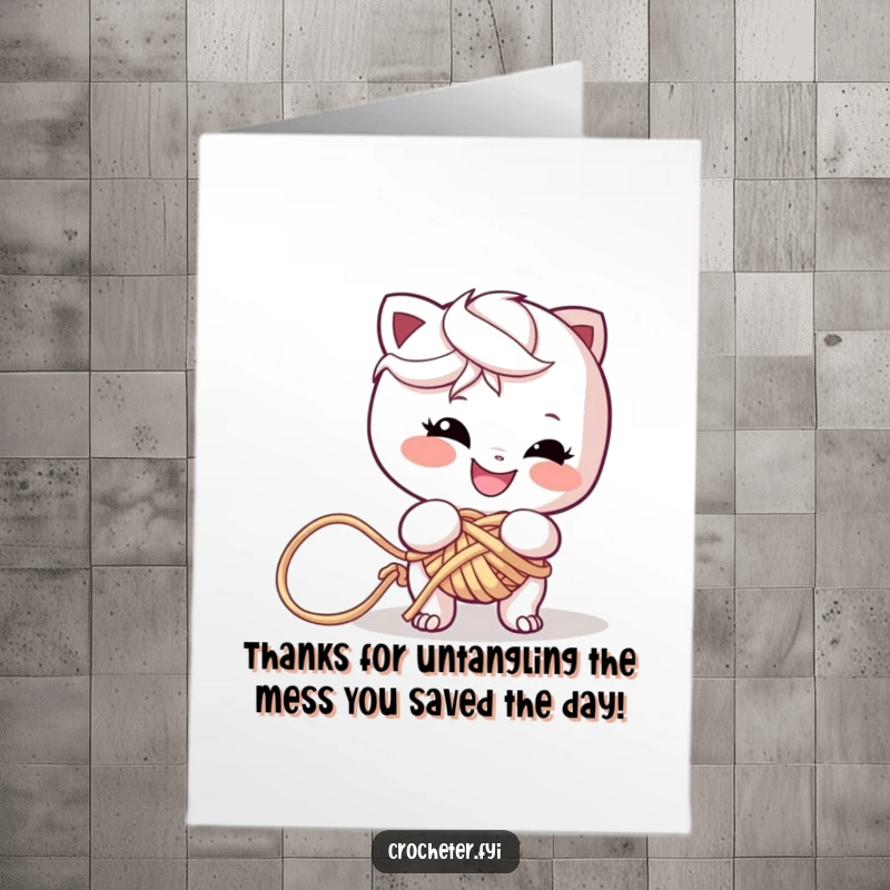 Funny Free Printable Thank You Card: Playful character grinning while tangling colorful yarn into a knot.