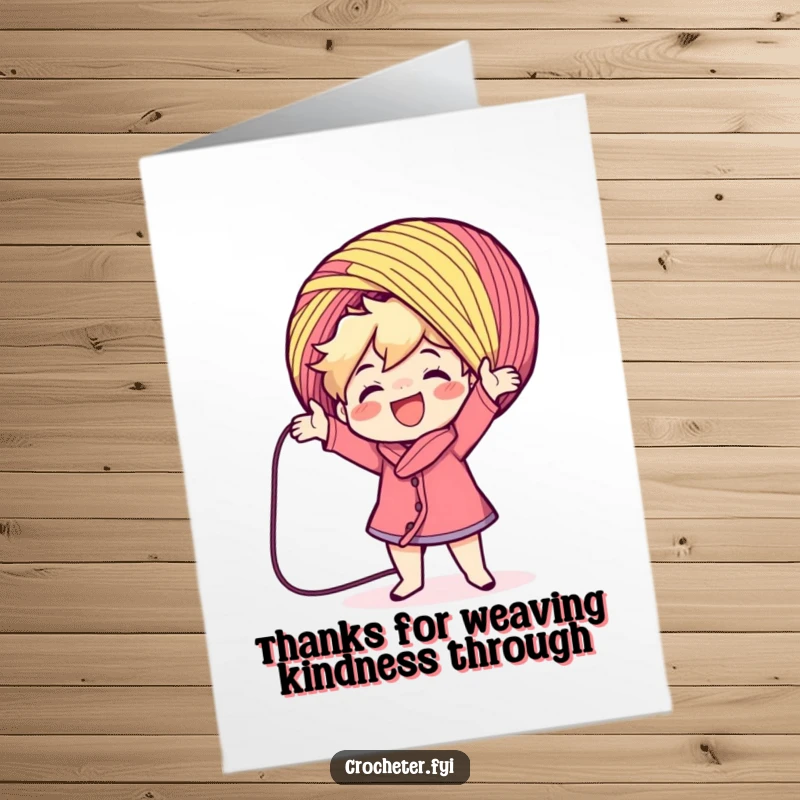 Free Printable Thank You Card showing a happy character enthusiastically casting a large, colorful yarn ball, conveying thanks with creative flair.