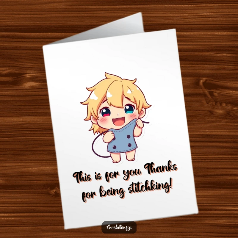 Funny Free Printable Thank You Card: Happy character proudly displaying a perfect knitting stitch, offering thanks.